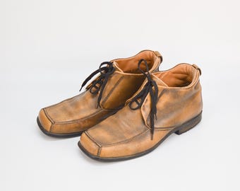Vintage Leather Lace-Up Booties: Tan Brown Square Toe Ankle Boots, EU 41