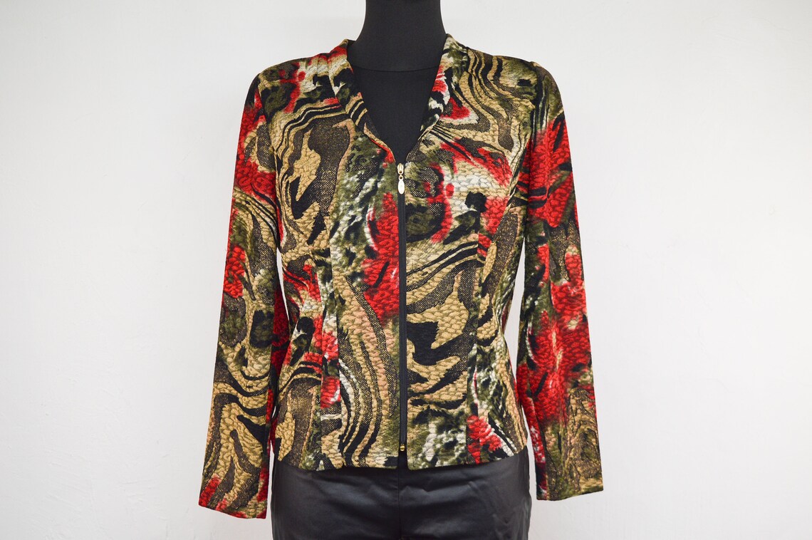 Vintage Floral Zip-Up Blazer: Abstract Pattern Jacket, Size EU M, foto 1 di 5