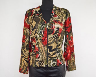blazer floral vintage en rouge, noir et or | Veste zippée en tissu élastique ornée pour femme | Taille UE 38 | Célina