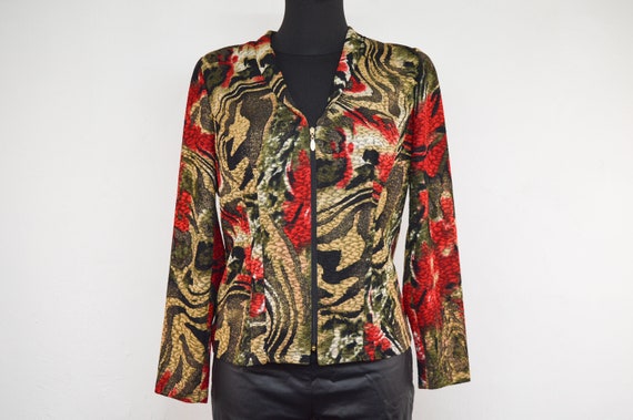 Vintage Floral Zip-Up Blazer: Abstract Pattern Jacket, Size EU M