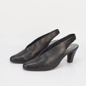 Vintage Leather Slingback Pumps: Minimalist Black High Heels, Size 37.5 EU