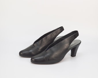 Vintage Leather Slingback Pumps: Minimalist Black High Heels, Size 37.5 EU