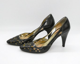 Vintage black patent leather high heel perforated women pumps / EU 40 / Nera Collezione / Made in Italy