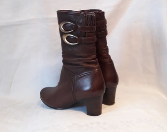 vintage marron Cuir femmes grosses bottines double boucles dorées taille EU 37 talons blocs