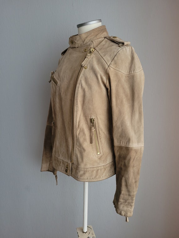 Vintage Mango Wildlederjacke: Beigefarbener Reißverschluss (EU M