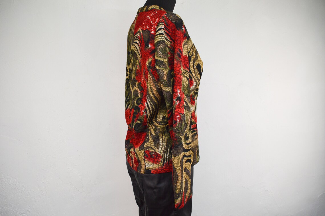 Vintage Floral Zip-Up Blazer: Abstract Pattern Jacket, Size EU M, foto 4 di 5