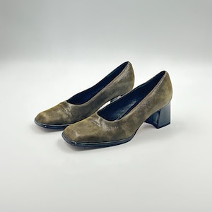 Vintage Green Leather Loafers: Chunky Heel 90s Pumps, Made in Italy, EU 36.5