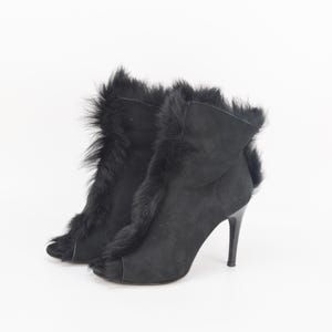 Vintage Pedro Garcia Suede Fur Ankle Boots: Black Open Toe Stilettos, Size 39