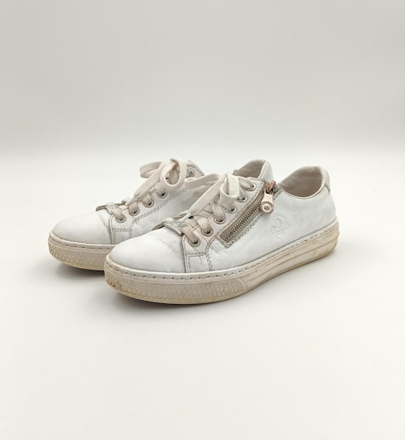 Vintage Rieker Sneakers: White Eco Leather Zip-Up Shoes (EU 37 / US 6)