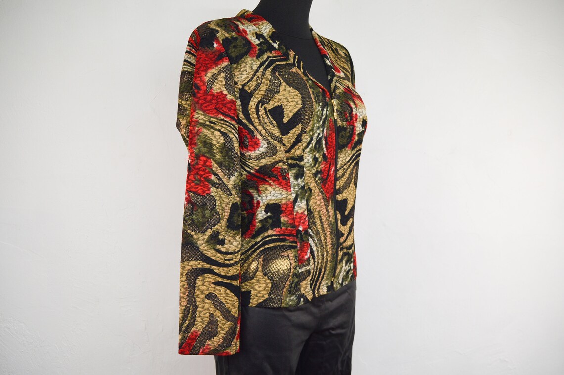 Vintage Floral Zip-Up Blazer: Abstract Pattern Jacket, Size EU M, foto 2 di 5