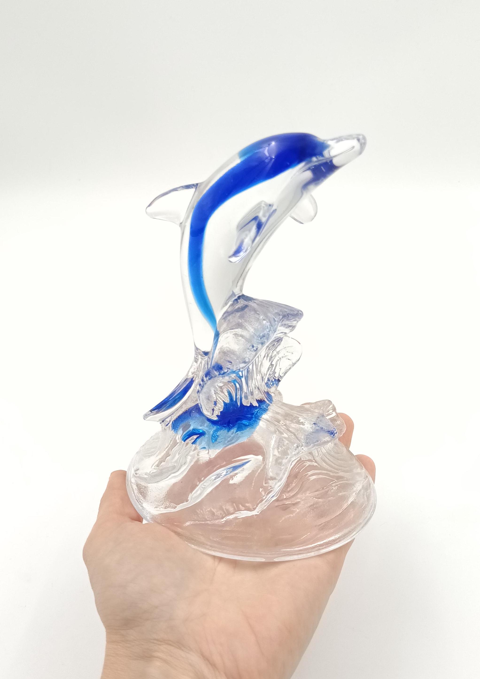 ヴィンテージアートガラスイルカ彫刻：コバルトブルーウェーブ