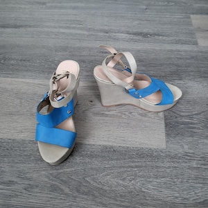 blue leather wedge sandals / Women platform strappy shoes / summer sandal European Size 37EU 6.5US