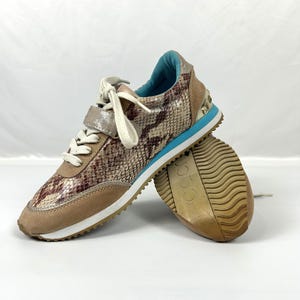 Baskets en cuir à imprimé peau de serpent pour femme - Chaussures plates à lacets beiges, US8 EU39