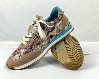 Faux Snakeskin Leather Women Sneakers - Beige Lace-Up Flats, US 8 EU 39