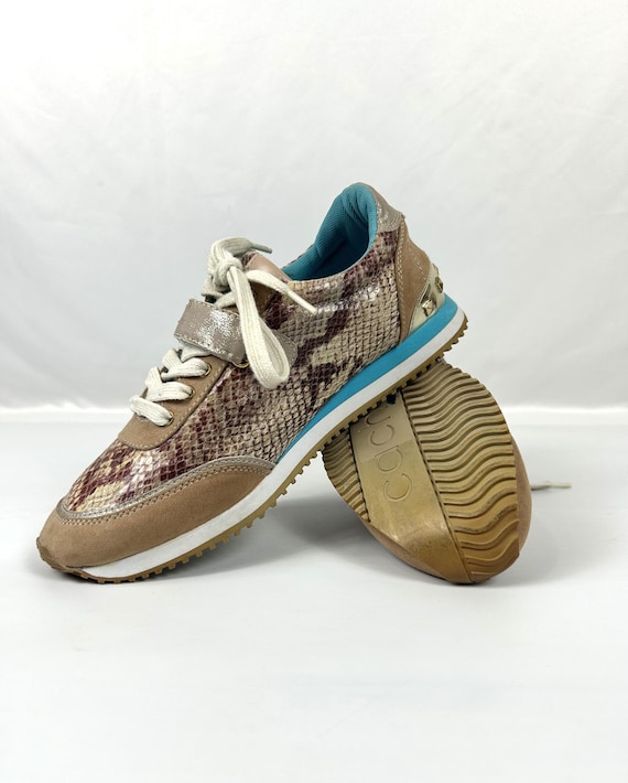 Faux Snakeskin Leather Women Sneakers - Beige Lace-up Flats  display picture 2