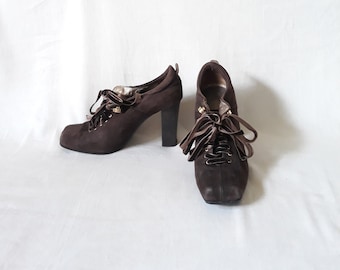 Brown Leather Y2k Lace up OXFORD Heels - Vintage 00s - 6.5 7  display picture 1