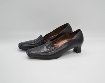Gabor Black Reptile Leather Loafers: Square Toe Slip-Ons (EU 38.5 / US 7.5)