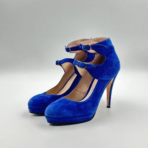 Vintage Suede Leather Pumps: Cobalt Blue Stiletto Heels, Size 8.5US