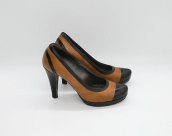 Vintage leren pumps met neus: bruine en zwarte schoenen met hoge hak, EU37 US6