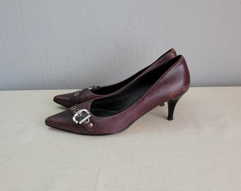 Vintage All Leather Kitten Heel Pumps in Eggplant Purple | Pointy Toe High Heel Shoes for Women | Size EU 40 | 5th Avenue