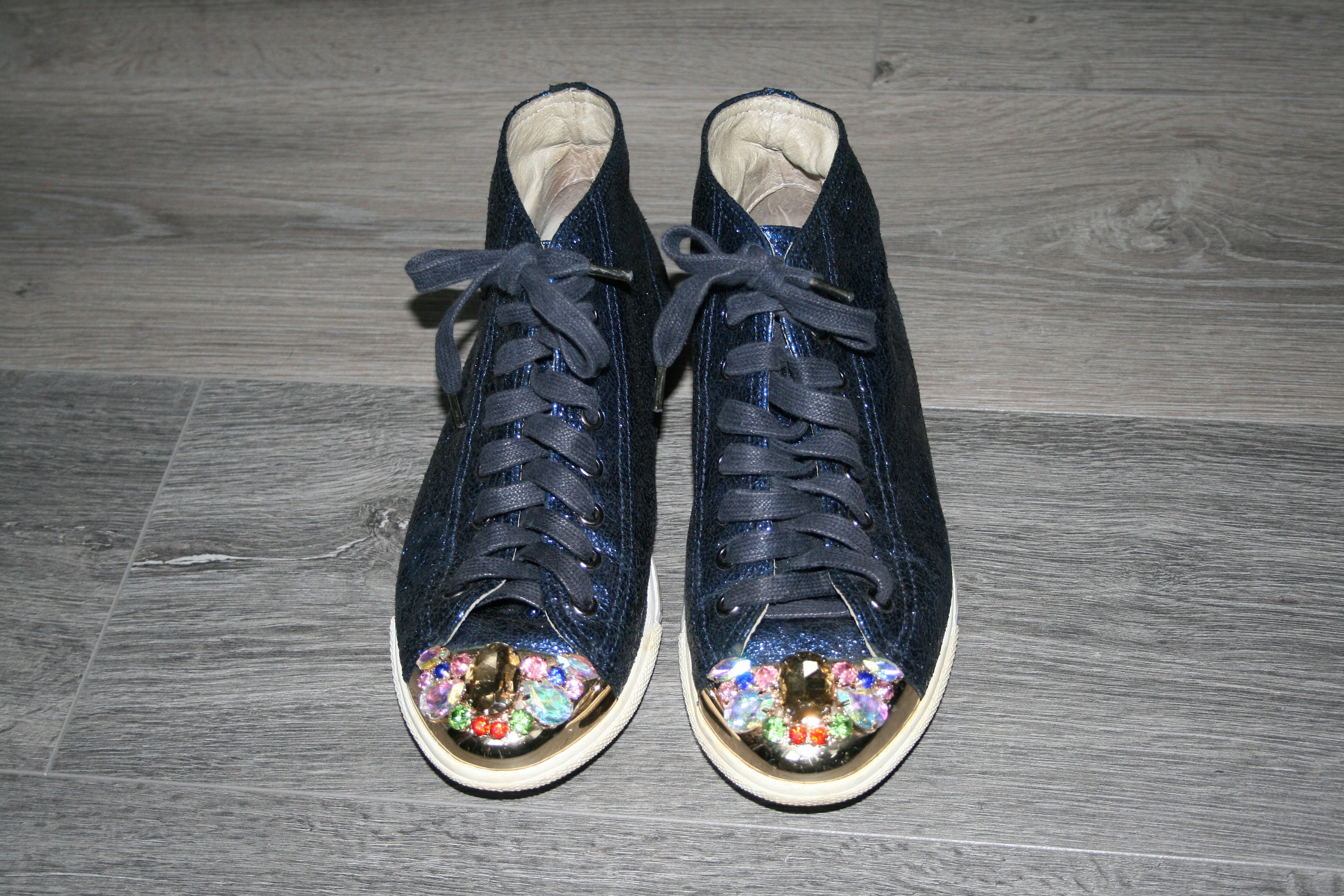 Midnight Blue Glitter Crystal Embellished Lace up Sneakers Shoes