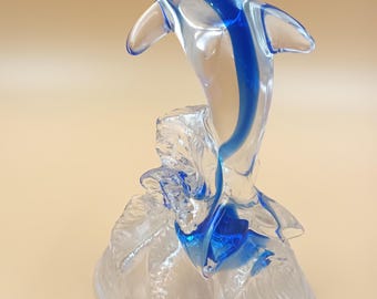 ヴィンテージアートガラスイルカ彫刻：コバルトブルーウェーブ