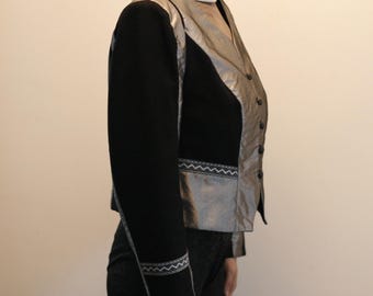 vintage metallic silber ornamentiert Blazer glänzend Damen XL Größe 90er Jahre Schulterpolster Jacke Schweden