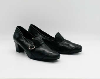 Vintage Leather Heeled Loafers: Black Buckle Shoes, EU 38 / US 7