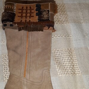 vintage beige suede leather girls knee boots fur bootleg 35 size EU image 4
