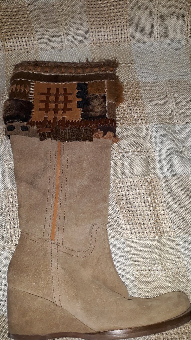 vintage beige suede leather girls knee boots fur bootleg 35 size EU image 4