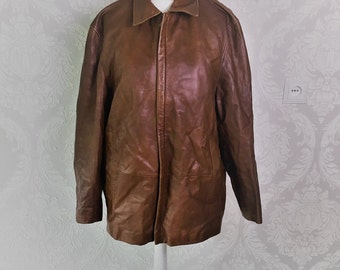 Vintage brown leather men jacket / front zipper unisex coat / 80s clothing / Size L large