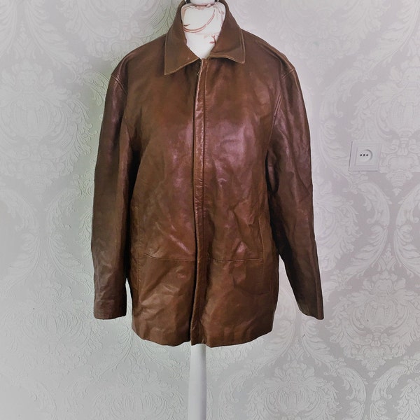 veste homme en cuir marron vintage / manteau unisexe à glissière avant / vêtements des années 80 / Taille L large