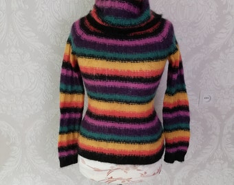 vintage striped mohair wool sweater women sleeved knit jumper turtleneck Size M