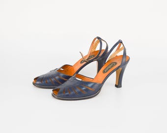 Vintage Gabor Leather Ankle Strap Sandals: Navy Blue Peep Toe Heels, Size 7US