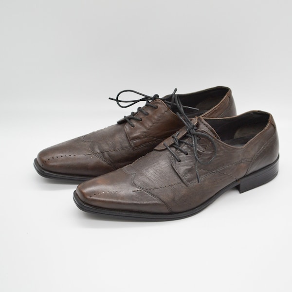 Scarpe stringate derby vintage tutte in pelle con punta alare in marrone cioccolato per uomo / scarpe Oxford con punta tonda e tacco basso / taglia EU 42 / Borelli