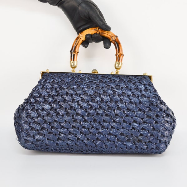 Vintage Crochet Frame Handbag in Navy Blue | Wooden Top Handle Push Lock Clasp Fabric Purse Bag for Women