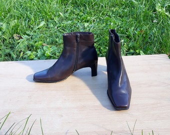 Vintage Brown Leather Women Ankle Boots Square Toe Size EU 37 Chunky Heel European