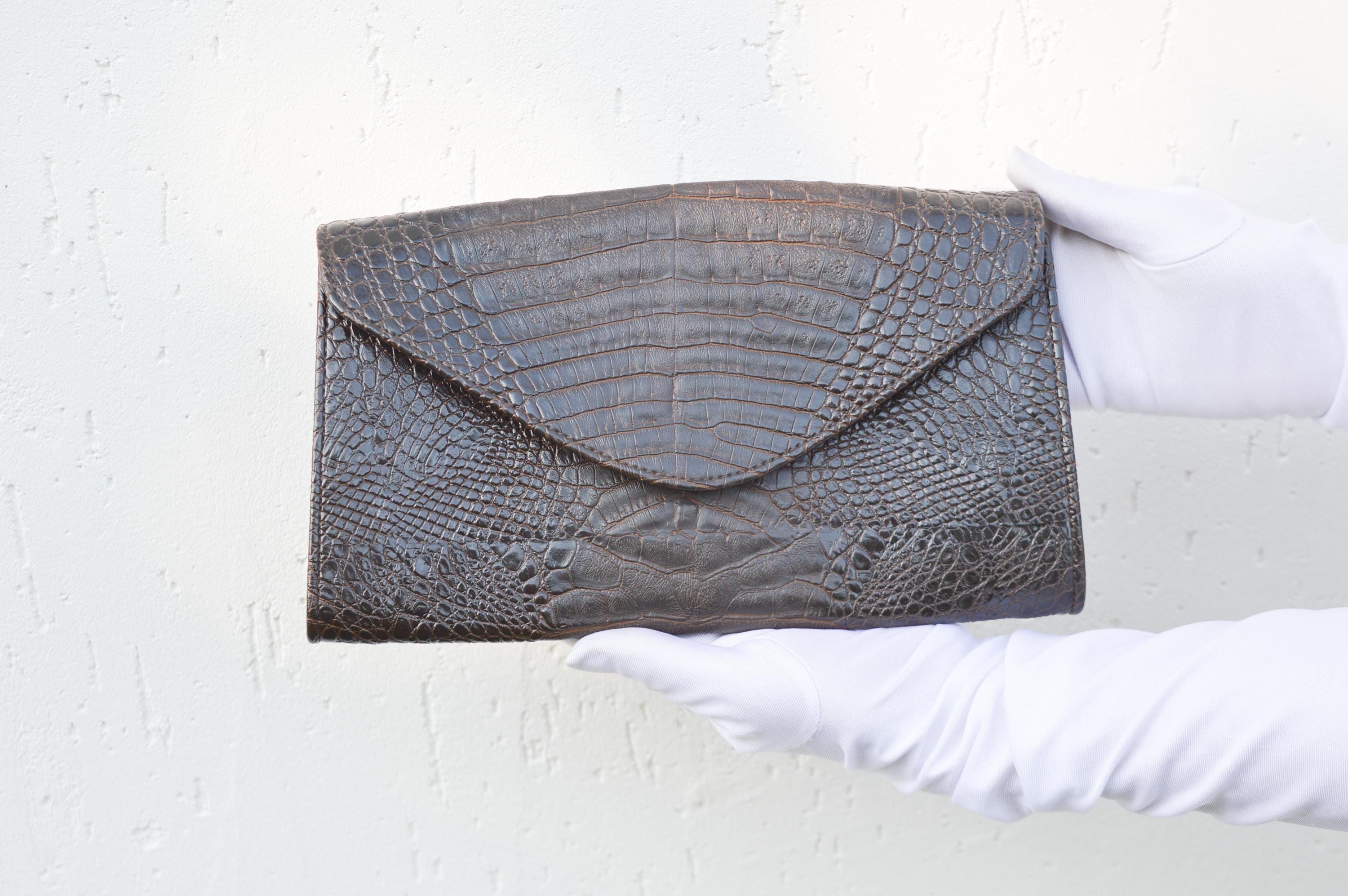 Sac à Main Vintage En Cuir Reptile - Style Pochette, Marron, Occasion En Bon État Général