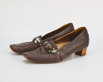 Vintage Brown Leather Loafers by Högl - Embellished Square Toe, Size 37EU