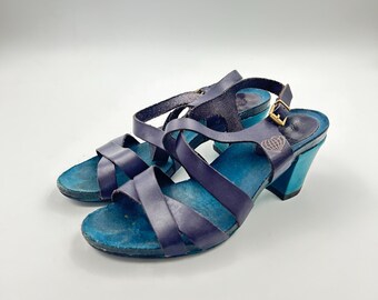 Vintage Leather Criss Cross Sandals: Eggplant & Turquoise Heels, Size 37 EU