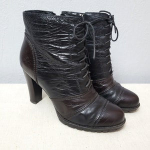 black and dark brown leather lace up ankle boots size 37.5EU 6.5US / heeled combat boot with high heels European