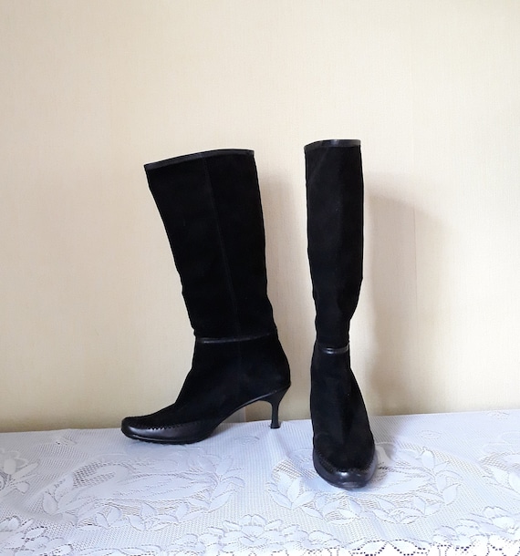 Vintage Black Suede Leather Sock Knee Boots Women Size EU 39 Etsy