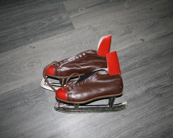 vintage retro leather hockey ice skates unisex winter sport equipment brown and red rare skates Made in Soviet era 1978s