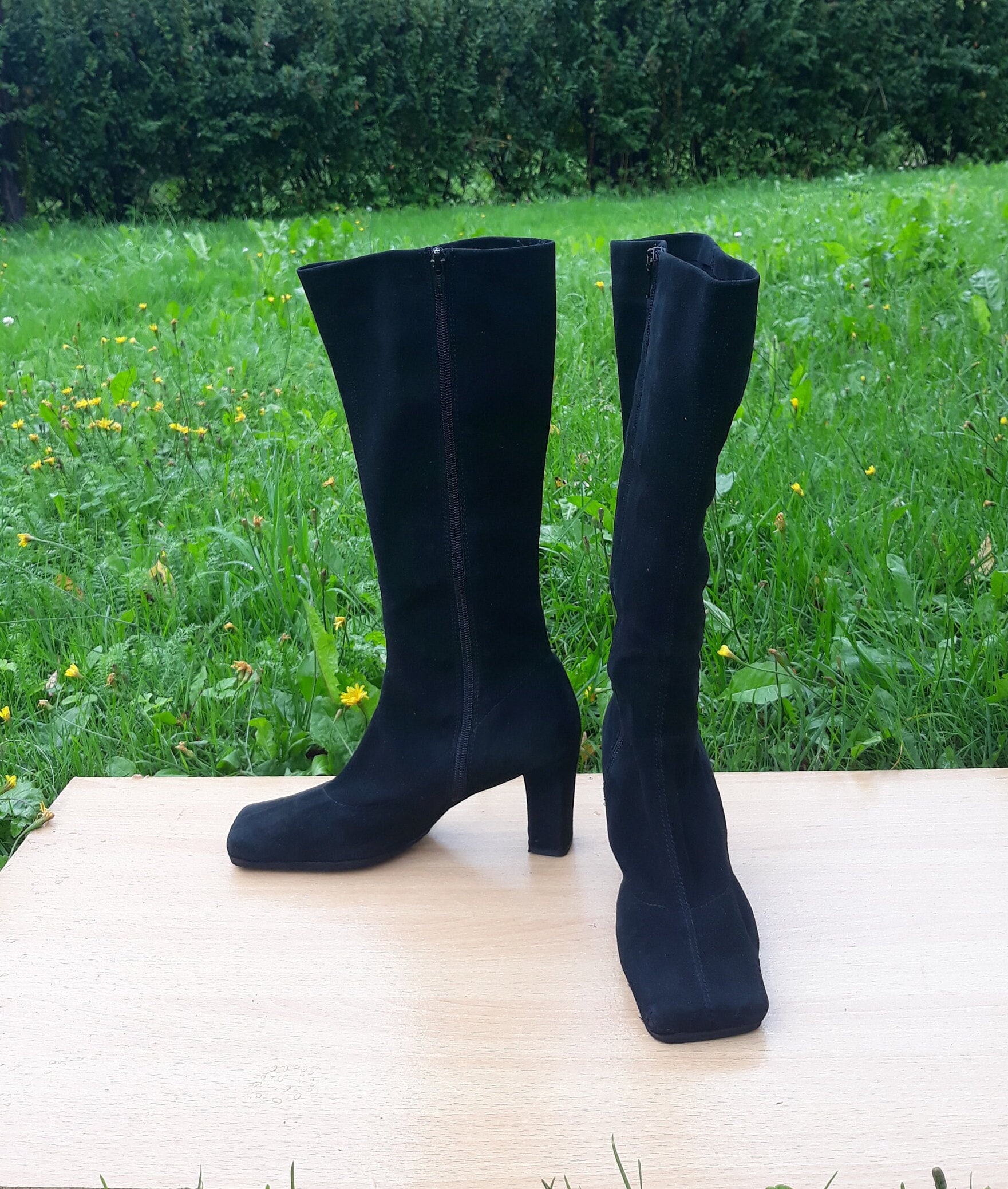 Vintage Suede Black Sock Knee Boots With Zippers Women Size