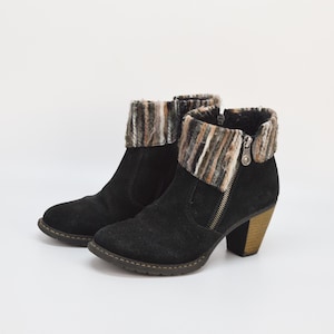 Vintage Rieker Suede Ankle Booties: Black Knitted Cuff Heel Boots EU 37