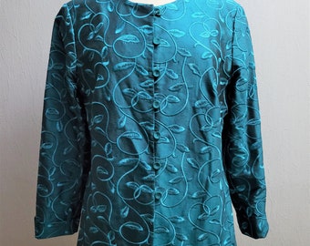 Vintage silk emerald green blazer, ornamented button up women jacket with shoulder pads, L large size