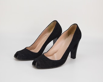 Vintage suède pumps: zwarte schoenen met hoge hak, gemaakt in Italië (maat 8,5 VS / 40 EU)