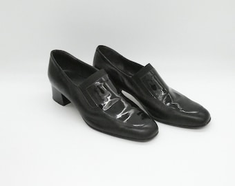Vintage Black Patent Leather Loafers: Chunky Heel Square Toe, Made in Italy, EU 40.5