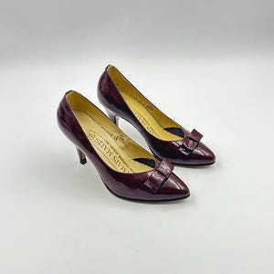 Vintage Oxblood Patent Leather Bow Pumps: Retro 80s Heels, Size 8US