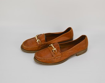 Vintage Leather Loafers: Cognac Brown Slip-Ons, Size 8